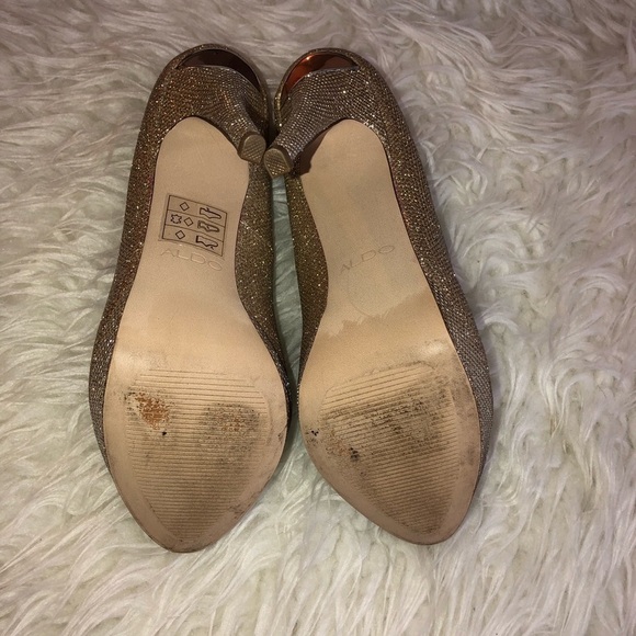ALDO Raeann Gold Glitter Leather Peep Toe Platform Heels 6.5 - Picture 6 of 8